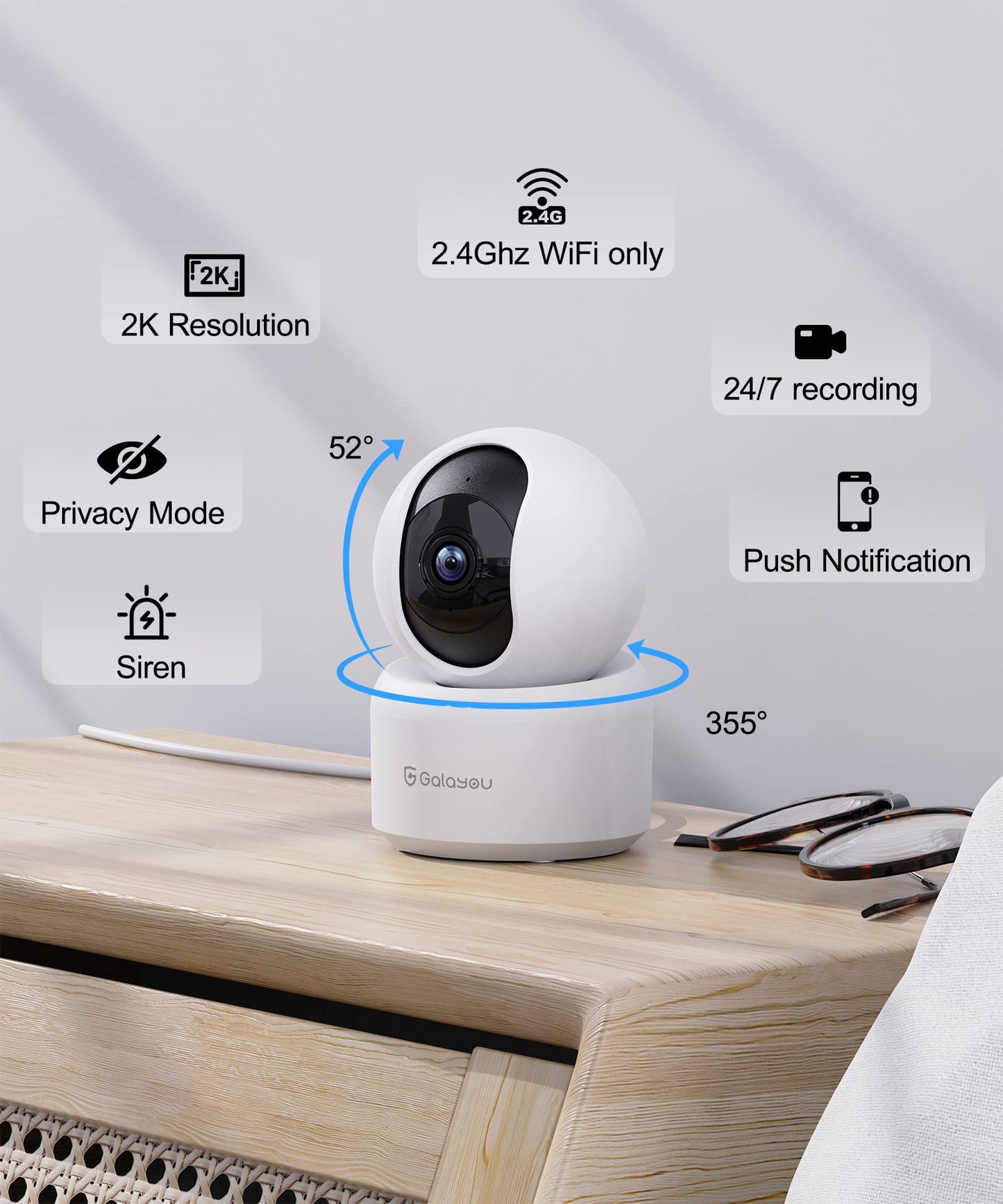 GALAYOU Indoor Security Camera 2K, 360 Degree 2.4G WiFi Home Security for Baby/Pet/Elder/Nanny with Night Vision, 24/7 SD Card Storage, Works with Alexa and Google Assistant G2-2Pack