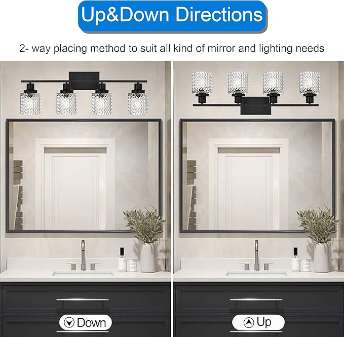 MELUCEE Matte Black Vanity Light 4 Lights Modern Bathroom Light Fixtures with Hammered Glass Shade, Indoor Metal Wall Lights for Powder Room Hallway Kitchen, E26 Base