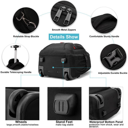 LIGSAN Travel Backpack with Wheels, 17inch Wheeled for Men Women Rolling Laptop Bags on Wheels Waterproof Rucksack Cabin Bag Trolley Suitcase Business College School Bag, Black