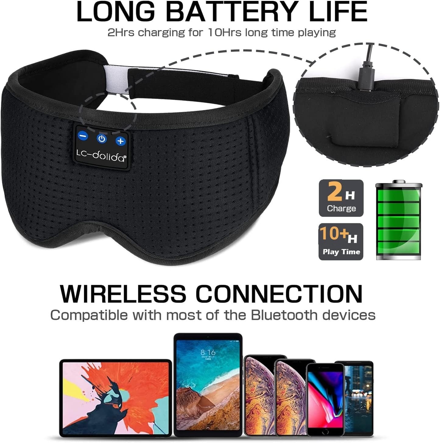 LC-dolida Bluetooth Sleep Mask Headphones,100% Blackout Sleeping Headphones Eye Mask for Sleeping with Travel Bag,Eye mask with Bluetooth Earphones for Travel,Nap Sleeping,Shift Work
