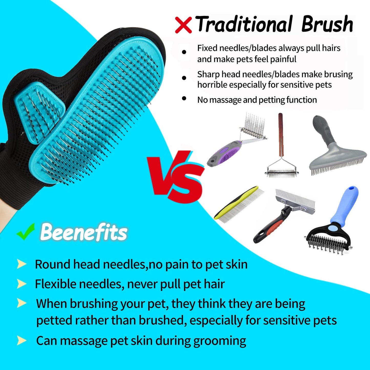 Beenefits 2025 Pet Grooming Glove with Tipped Pin Brush,Special Design Deshedding Glove, Massage Mitt, Perfect Petting Tool for Sensitive Dogs & Cats with Long & Medium Fur - Right-Hand - Blue