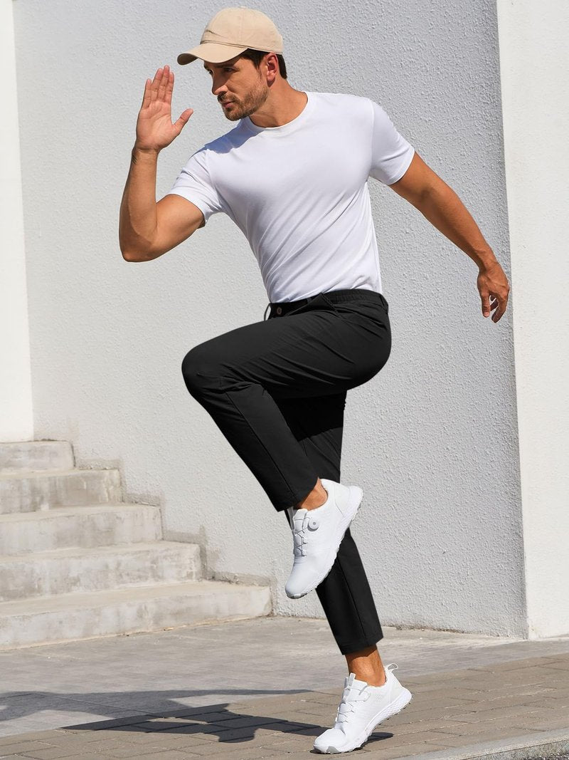 Runcati Mens Stretch Golf Pants Casual Slim Fit Dress Pants Elastic Waist Tapered Work Cropped Trousers Black