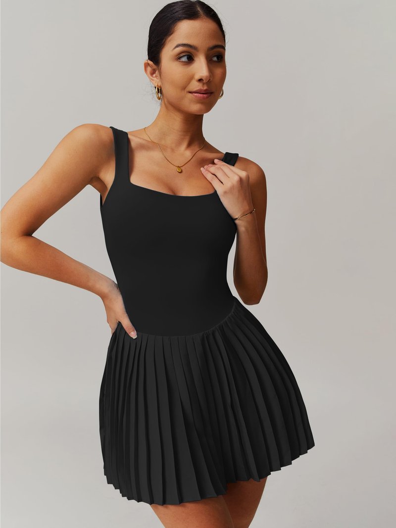 ABOCIW Tennis Dress with Built Shorts Square Neck Pleated Athletic Dress Sleeveless Backless Workout Golf Dress Summer Mini Dresses for Women Black Medium