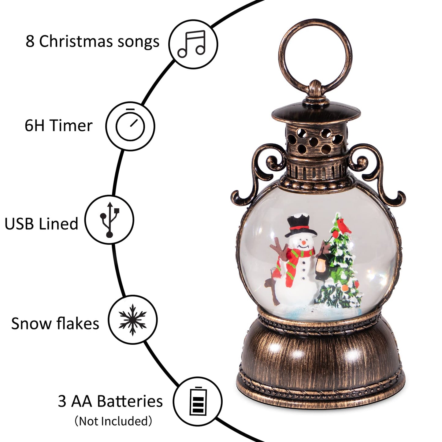 Christmas Snow Globes Lantern Musical,6H Timer Cylinder Glitter Snow Globe,Bronze Snow Globes Christmas with Music Box Including 8 Songs,Lantern with Xmas Tree Snowman Decor