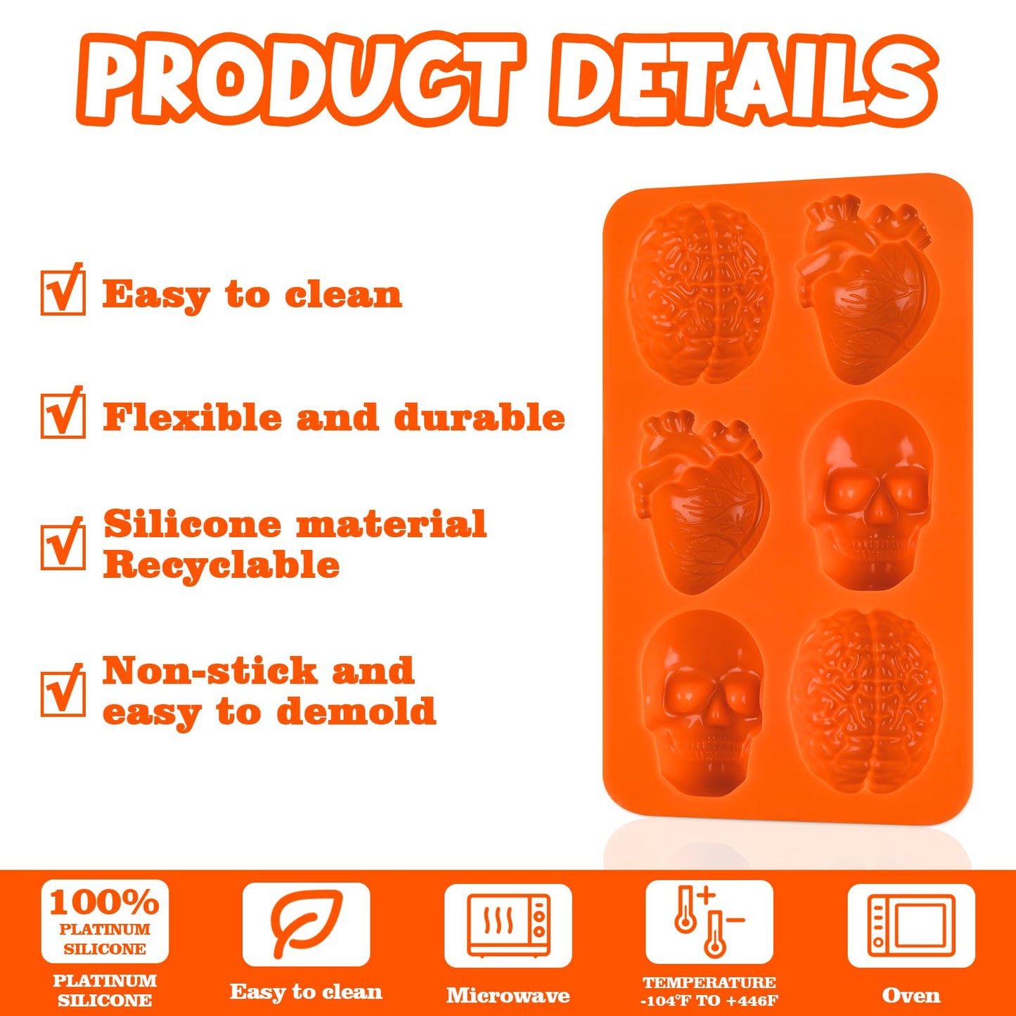 Sakolla Skull Brain and Heart Silicone Mold, 2 Pack Halloween Baking Molds for Make Human Organs shape Cake, Chocolate, Gelatin, Jelly, Soap and Resin