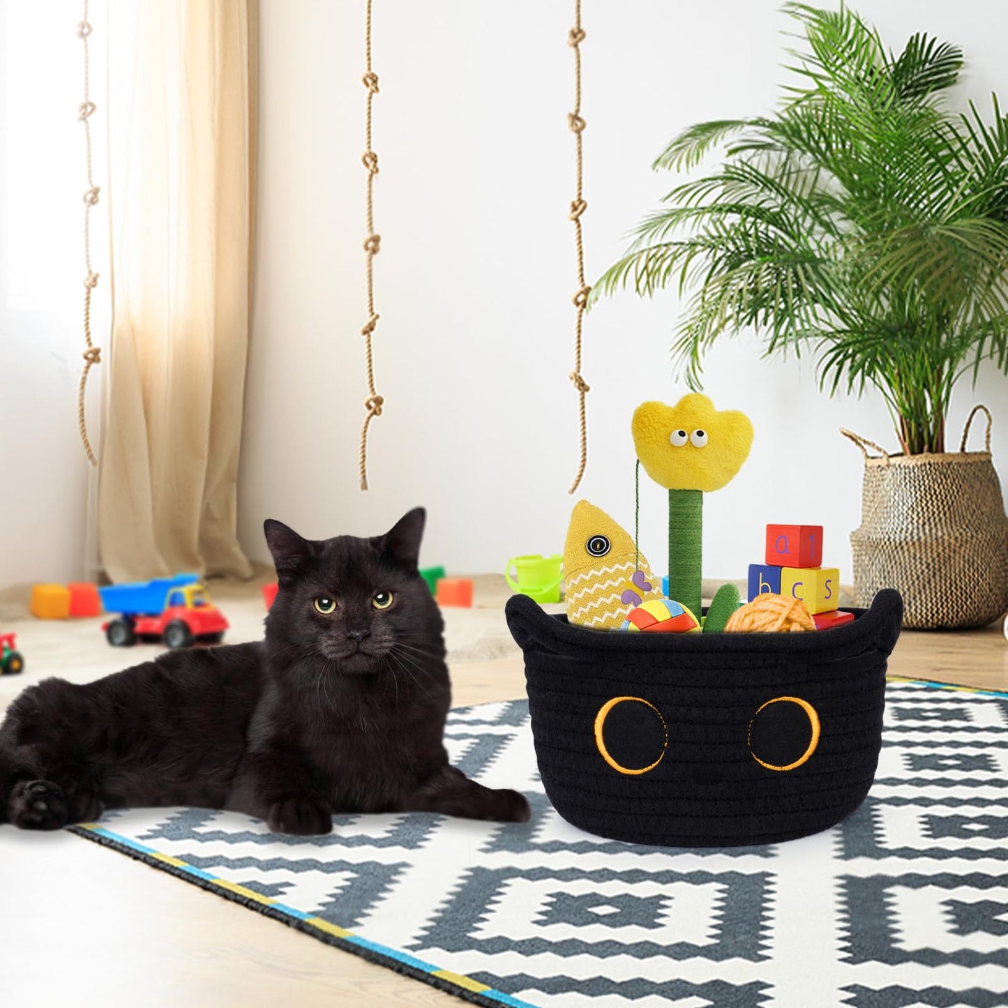 Hkojewp Small Storage Basket, Black Cat Cotton Rope Baskets Woven Blasket for Nursery, Blanket Basket Baby Toy Storage Organizer With Ears for Gifts Cat Dog Bin Toys 8.5×4.5 inches