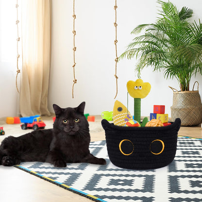 Hkojewp Small Storage Basket, Black Cat Cotton Rope Baskets Woven Blasket for Nursery, Blanket Basket Baby Toy Storage Organizer With Ears for Gifts Cat Dog Bin Toys 8.5×4.5 inches