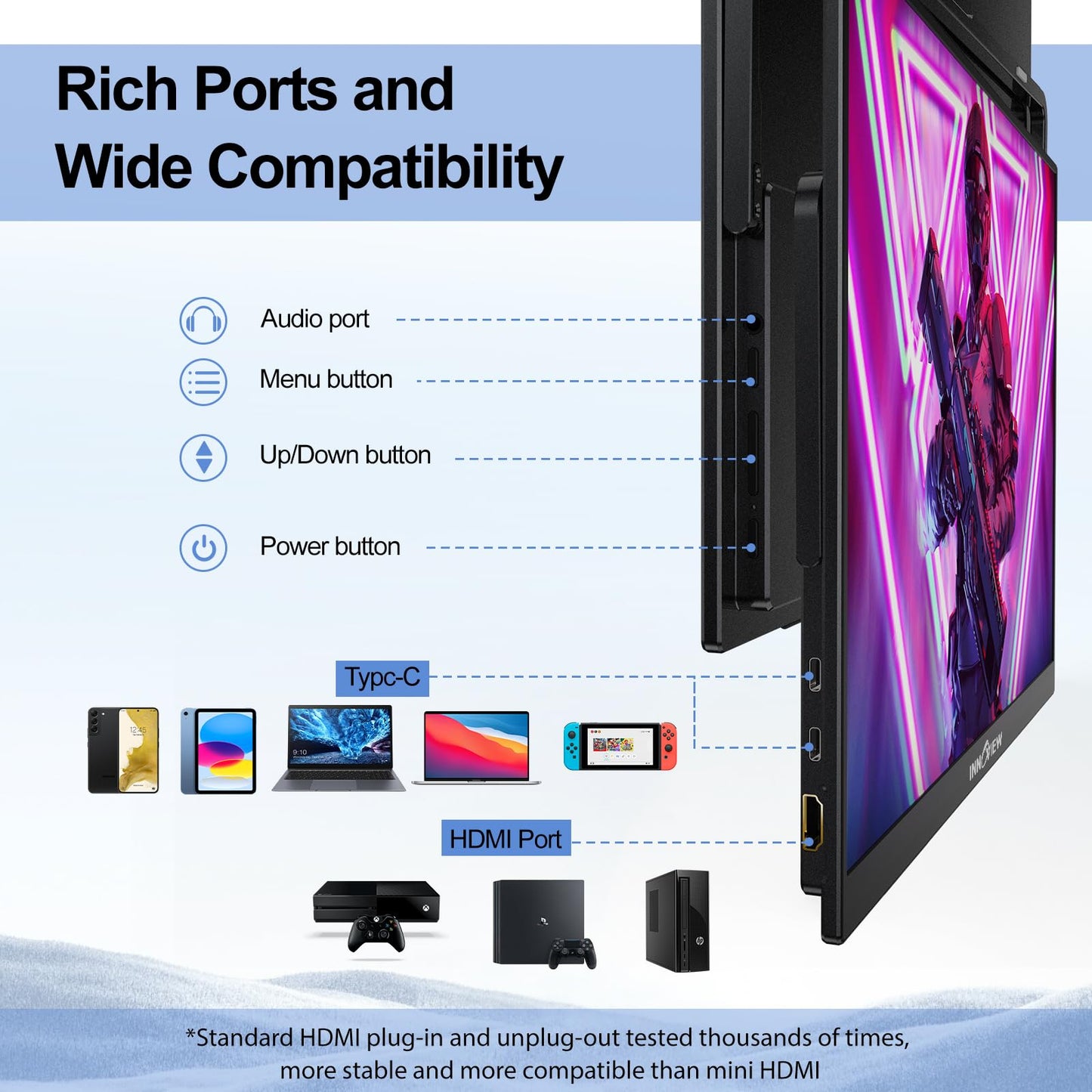 InnoView 23.8" Large Portable Monitor, FHD 144HZ 100% SRGB IPS USB-C HDMI Work Home Gaming Second Monitor 1080P W/180°Adjustable Stand for Laptop, MacBook, Phones