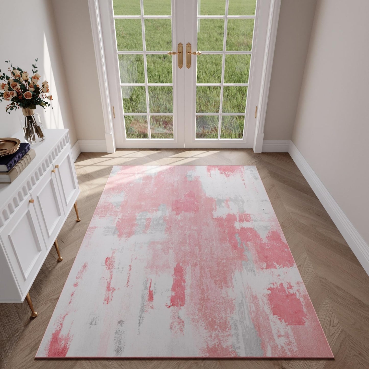 Kelarea Pink Nursery Rug for Baby Girl, 5x7 Modern Abstract Washable Rugs for Kid's Bedroom, Low Pile Non Slip Large Carpet for Dorm, Living Room, Kids Playroom