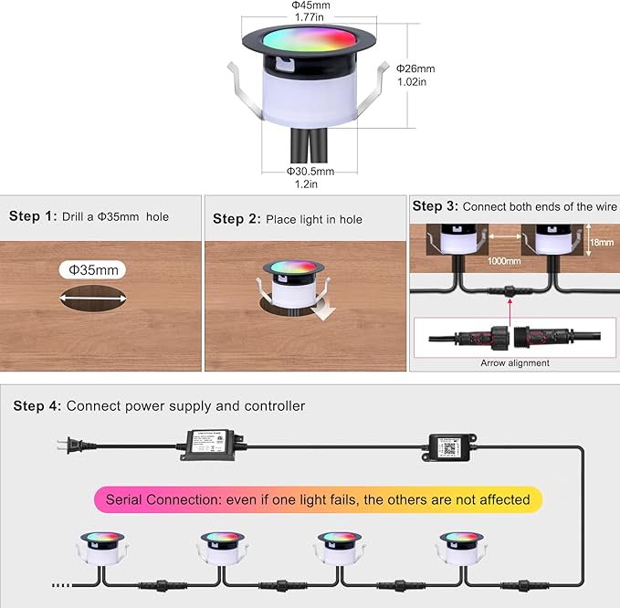 FVTLED Recessed LED Deck Lights Kit, Φ1.77 Low Voltage WiFi Pixel RGBW+IC Deck Lighting Work with Alexa/Google Home, IP67 Waterproof Outdoor Step Lights DC12V for Garden,Steps,Stair(20 Pack, Black)
