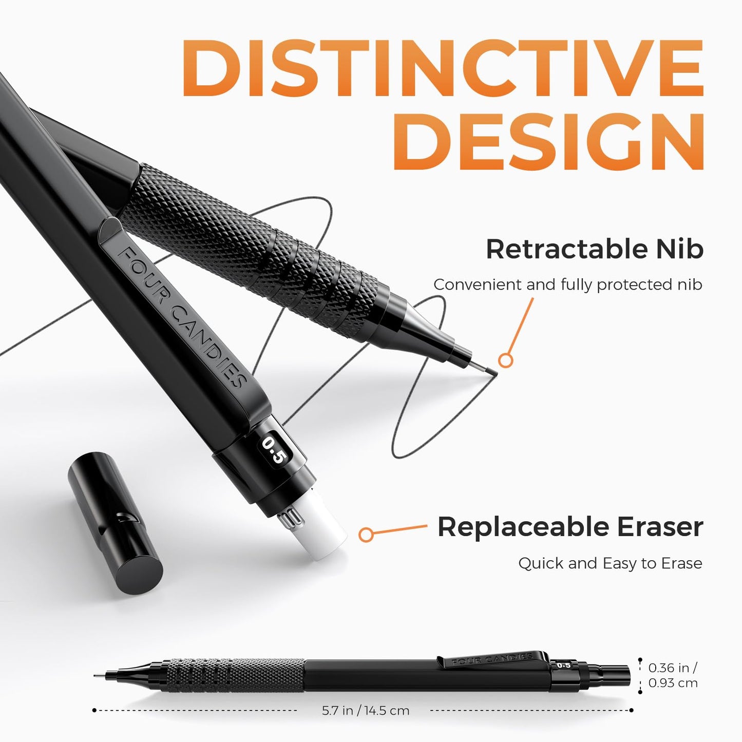 Four Candies Metal Mechanical Pencil Set, 3PCS Art Drafting Pencils 0.5, 0.7, 0.9MM & 2PCS 2MM Mechanical Drawing Pencils with 420PCS Leads (4B 2B HB 2H Color) for Writing Sketching Drawing (Black)