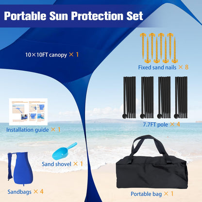 Beach Tent Sun Shelter 10x10FT Beach Shade Canopy with 8 Sandbags, UPF 50+ Protection Beach Shade Canopy, Outdoor Tent for Beach Camping Trips, Fishing, Backyard