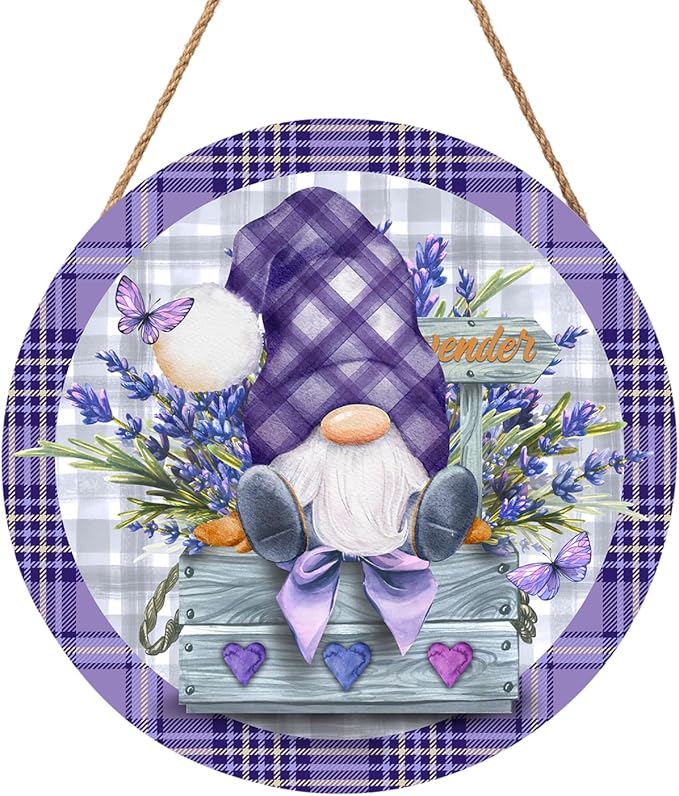 Spring Gnome Lavender Flower Sign for Front Door 12"x12" Summer Purple Floral Buffalo Plaid Wood Door Hanger for Outdoor Outside Porch Spring Summer Farmhouse Wooden Wreath for Wall Porch Yard