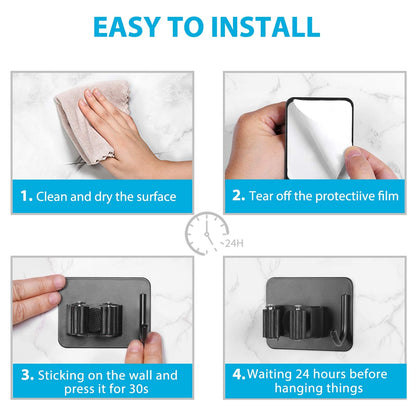 homeasy Mop Broom Holder, 4 Pcs Stainless Steel Self Adhesive Mop Holder Wall Mounted with Hooks Hanger Self-Adhesive Broom Holder for Bathroom, Kitchen, Office, Closet, Garden Garage(Black)