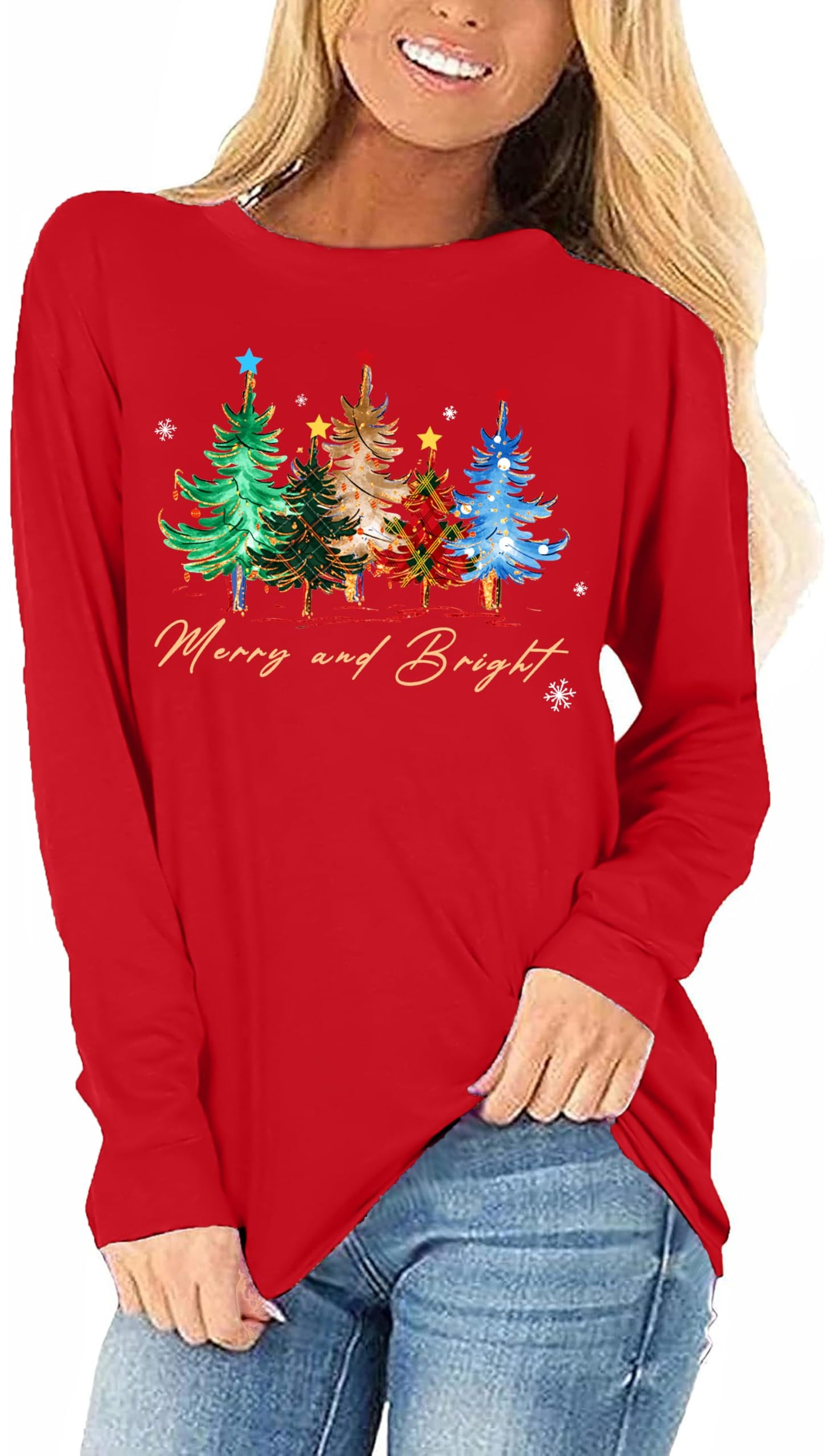 VVNTY Christmas Shirts for Women: Merry and Bright T Shirt Long Sleeve Christmas Tree Shirt Christmas Vacation Tees
