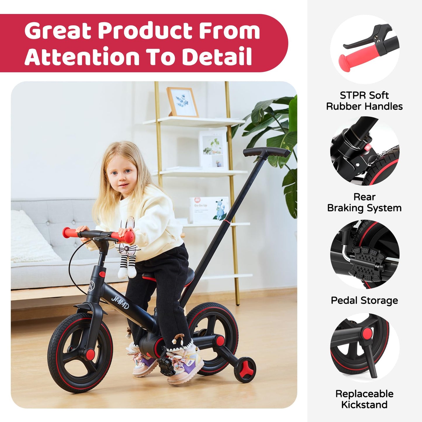 JMMD Toddler Bike with Push Handle for Kids 18-60 Months, 6 in 1 Foldable Push Bike with Training Wheels, Pedals, Brakes, Kickstand, Kid Balance Bike Gift & Toys for Boy & Girl, Black