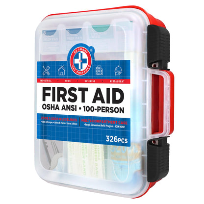 Be Smart Get Prepared First Aid Kit Hard Red Case 326 Pieces Exceeds OSHA and ANSI Guidelines 100 People - Office, Home, Car, School, Emergency, Survival, Camping, Hunting and Sports (20HBC01015REV3)