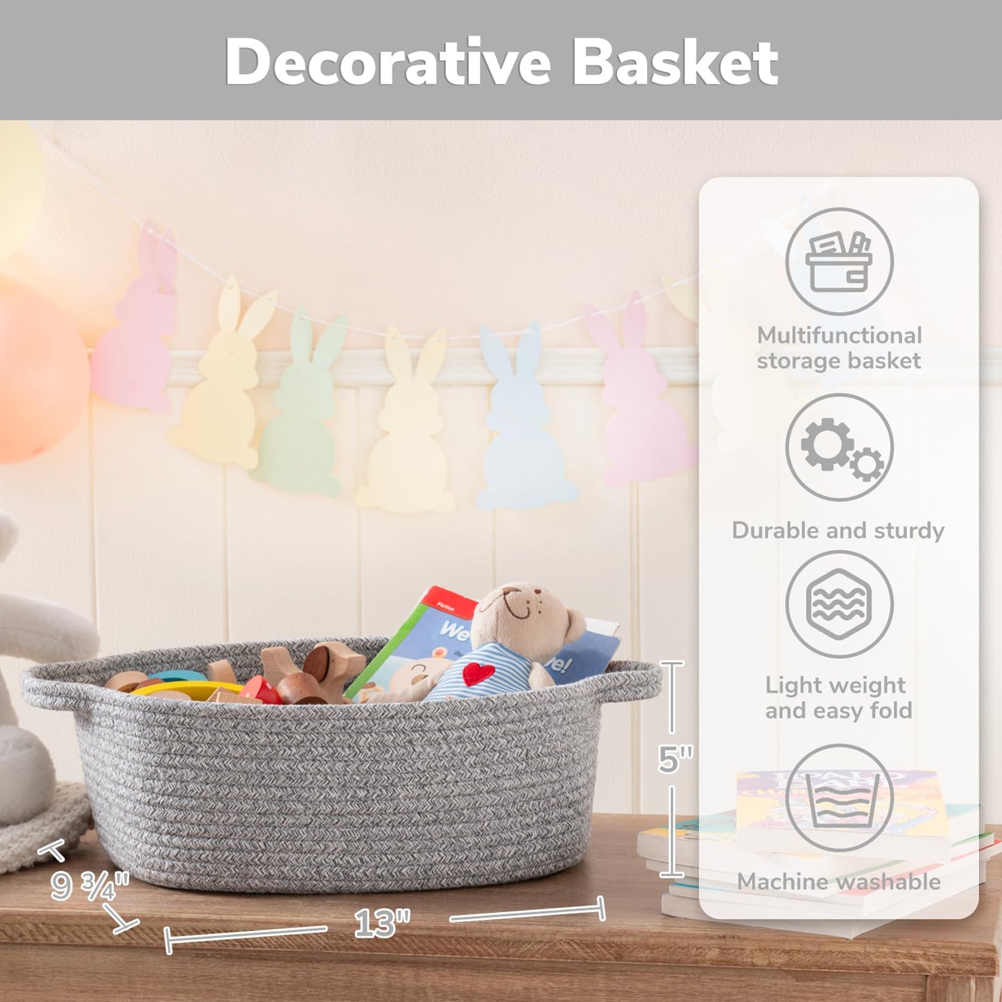 CHICVITA Storage Basket for Gifting, Small Woven Basket for Towels, Cute Baskets for Baby, Nursery, Decorative Rope Baskets for Living Room, Grey, 13 x 9.8 x 5 inches