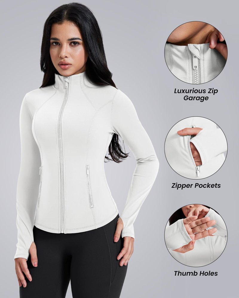 AVGO Womens Workout Jackets Lightweight Athletic Zip Up Jacket Slim Fit Running Gym Top with Pockets & Thumb Holes(White, L)