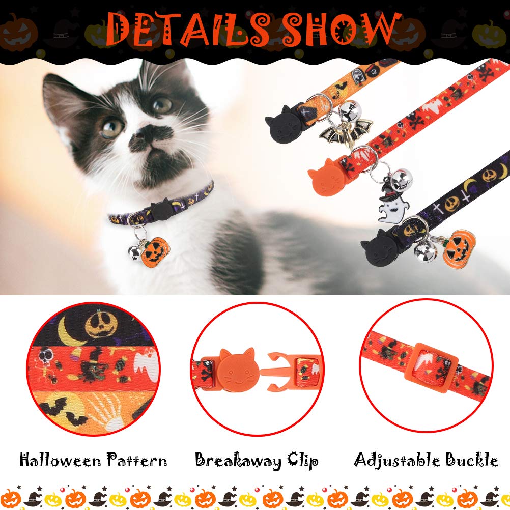 EXPAWLORER Halloween Cat Collar Breakaway - 3 Pack Soft Adjustable Kitten Collars with Bells & Cute Festival Pendants, Holiday Pet Collars for Cats with Safety Buckle