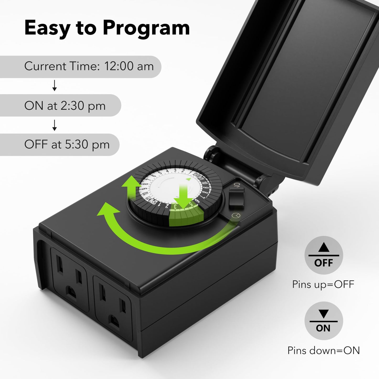 BN-LINK 24 Hour Heavy Duty Mechanical Timer, Outdoor Timer Outlet Waterproof with 30 Minutes Intervals, 2 Grounded Outlets for Christmas Lights Pool Pump,15A 1/2HP, ETL Listed(2 Pack)