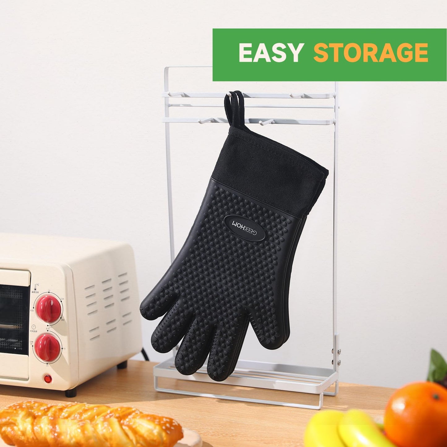 GEEKHOM BBQ Gloves, Grilling Gloves Heat Resistant Oven Gloves, Kitchen Silicone Oven Mitts, Long Waterproof Non-Slip Pot Holder for Barbecue, Cooking, Baking, Black