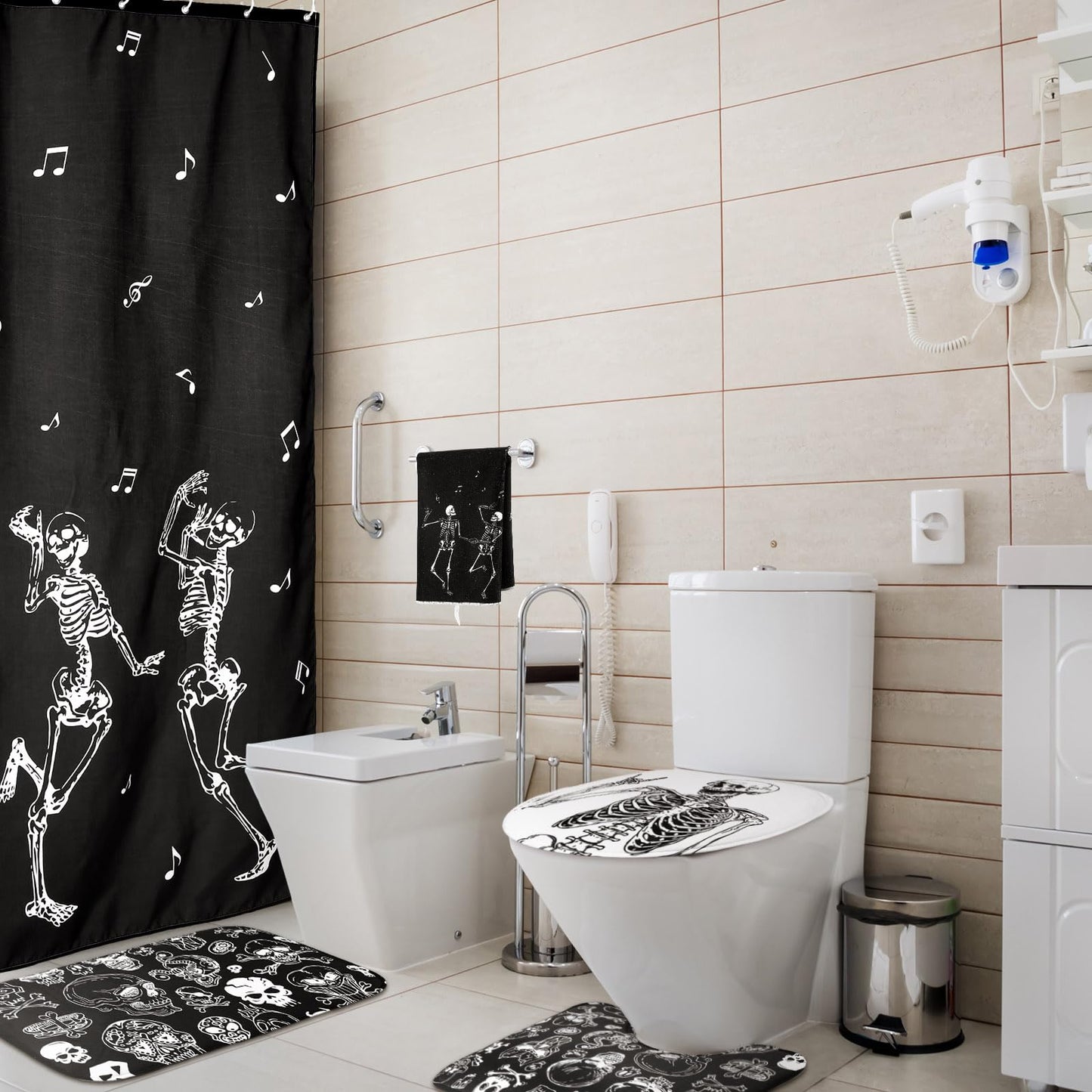 Honoson 8 Pcs Skeleton Shower Curtain Set with Rugs and Kitchen Towels Skeleton Farmhouse Shower Curtain Bathroom Set for Farmhouse Country Summer Halloween Housewarming Gifts Decor