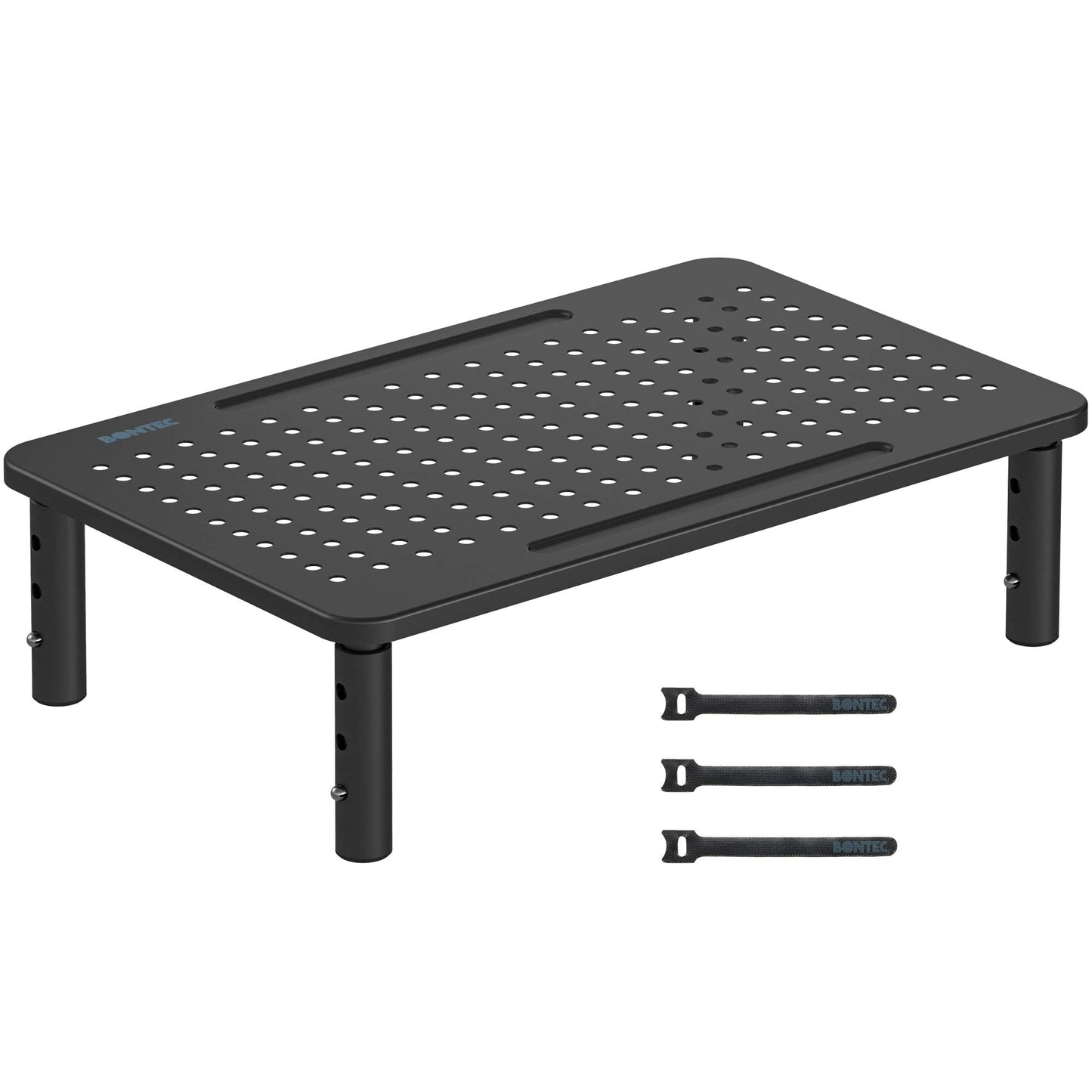 BONTEC Adjustable Monitor Riser for Desk, Ergonomic Metal Stand with 3 Height Levels (100/120/140mm), Mesh Surface for Airflow, Up to 20KG, Computer Stand, Cable Ties Included