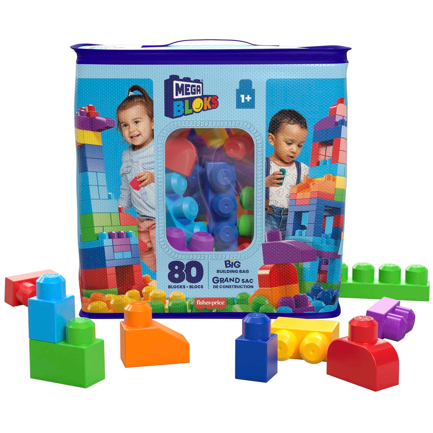 MEGA BLOKS Fisher-Price Toddler Block Toys, Big Building Bag with 80 Pieces and Storage, Blue, Gift Ideas for Kids Age 1+ Years, DCH63