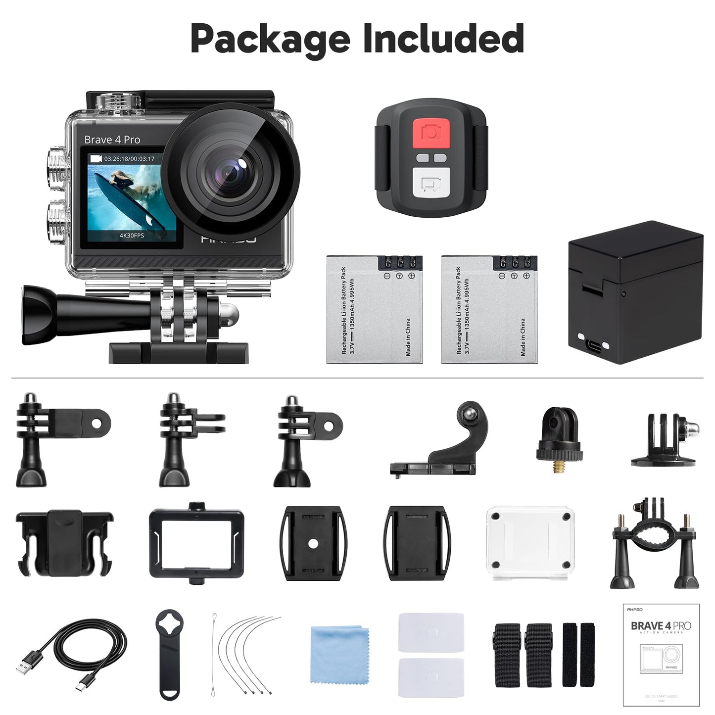 AKASO Brave 4 Pro 4K30FPS Action Camera - 131ft Underwater Camcorder Waterproof Camera with Touch Screen Advanced EIS Remote Control 5X Zoom Underwater Camera Support External Mic