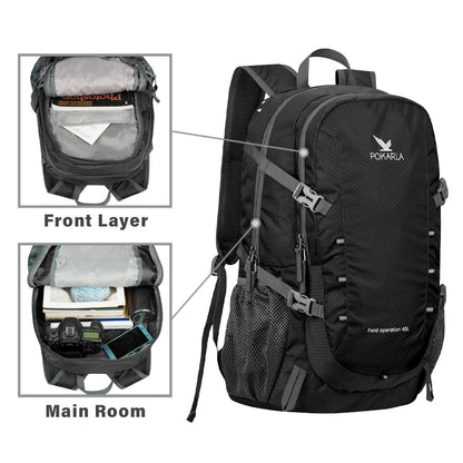 POKARLA 40L Foldable Rucksack Travel Hiking Daypack Durable Lightweight Walking Camping Folding Sports Outdoor Backpack Water Resistant Ultra Packable Carry On Bag Unisex Black
