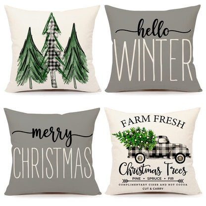 4TH Emotion Gray Christmas Pillow Covers 18x18 Set of 4 Farmhouse Decorations Merry Tree Truck Hello Winter Holiday Decor Throw Cushion Case for Home Couch S22C19