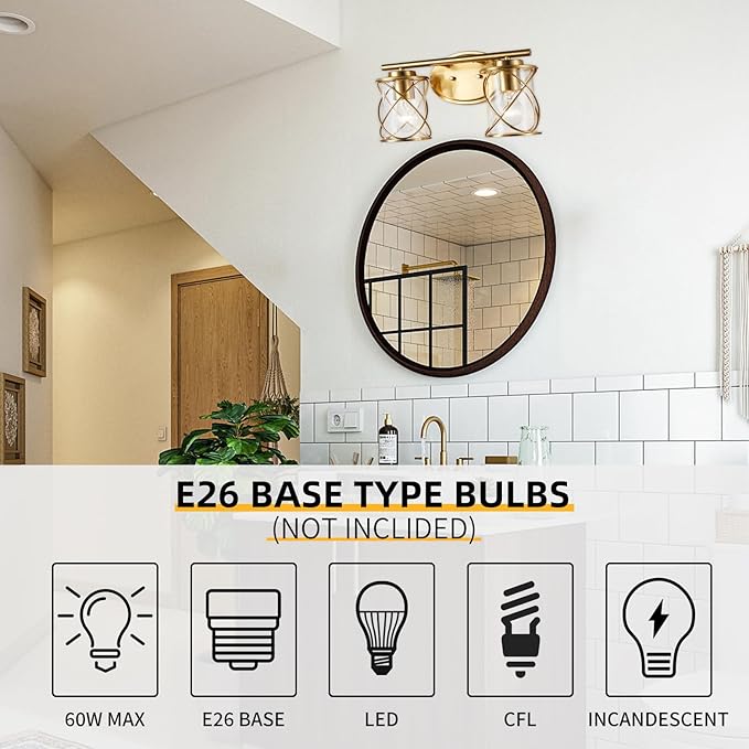 mavcadonf 2-Lights Bathroom Vanity Lights, Bathroom Light Fixtures Over Mirror, Brushed Gold Vanity Light, Farmhouse Wall Lights with Clear Glass Shade, Bathroom Wall Lamp for Mirror Kitchen Bedroom