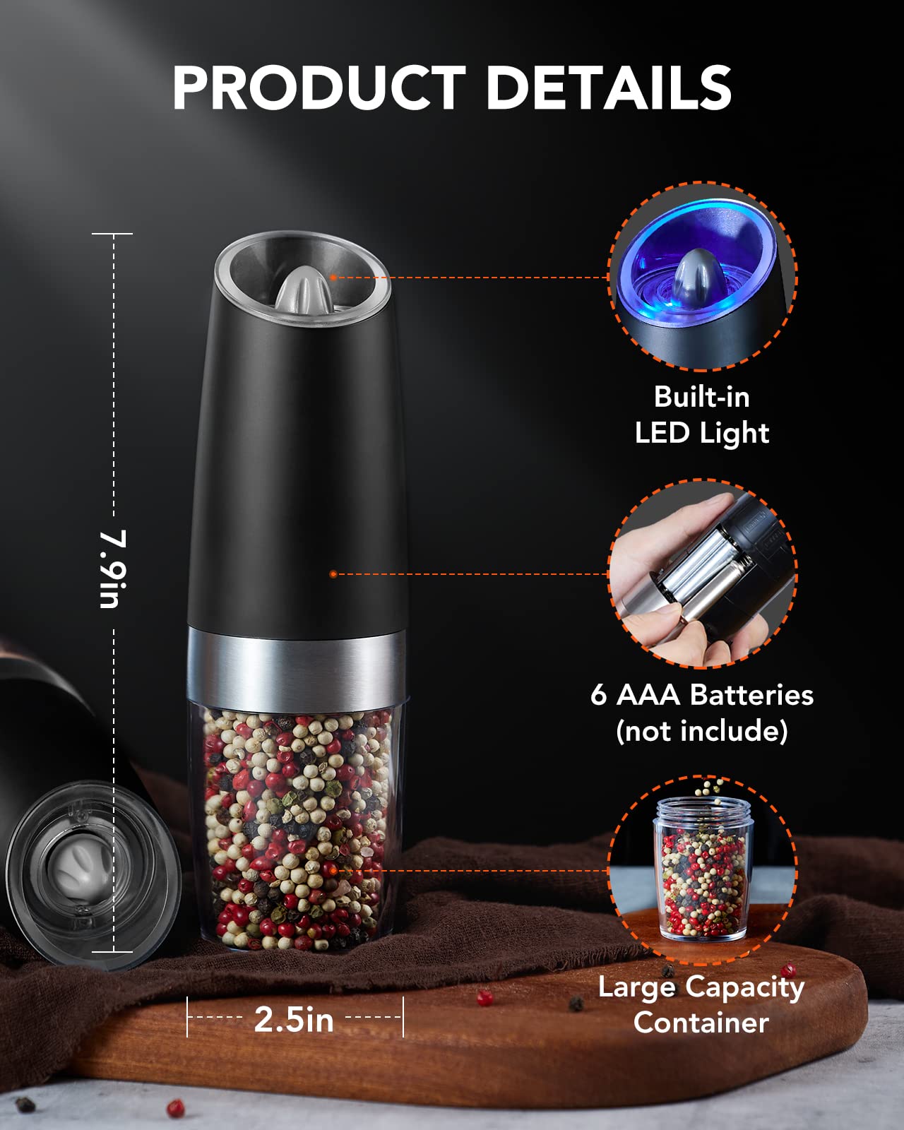 FORLIM Gravity Electric Salt and Pepper Grinder Set, Automatic Pepper Grinder Shakers Mill, Upgraded Batteries Powered Adjustable Coarseness with LED, One Hand Operation Perfect for Kitchen(Black)