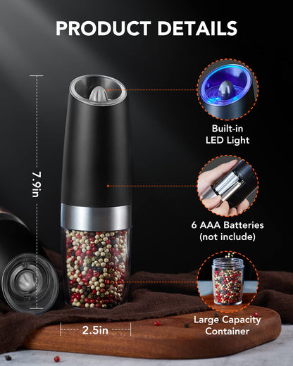 FORLIM Gravity Electric Salt and Pepper Grinder Set, Automatic Pepper Grinder Shakers Mill, Upgraded Batteries Powered Adjustable Coarseness with LED, One Hand Operation Perfect for Kitchen(Black)