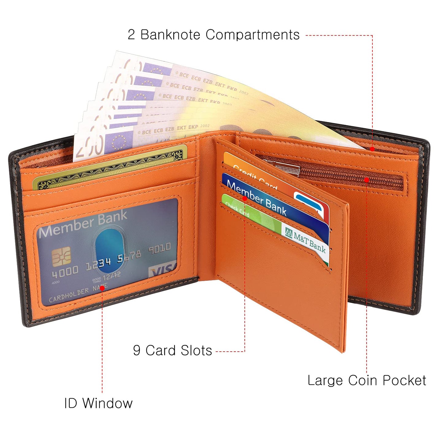 BIAL Mens Wallet,RFID Blocking Leather Bifold Wallet for Men,Slim Design with ID Window, Zip Coin Pocket, 9 Card Slots, Lightweight Card Wallet with Gift Box