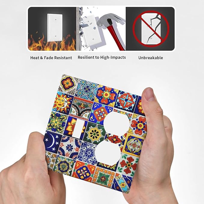 Decorative Light Switch Cover Plate Traditional Colorful Talavera Mexican Spanish Moroccan Tiles 2 Gang Outlet Covers 1 Toggle 1 Duplex Wall Plate Decorate Electrical Switch Plate Covers for Kitchen