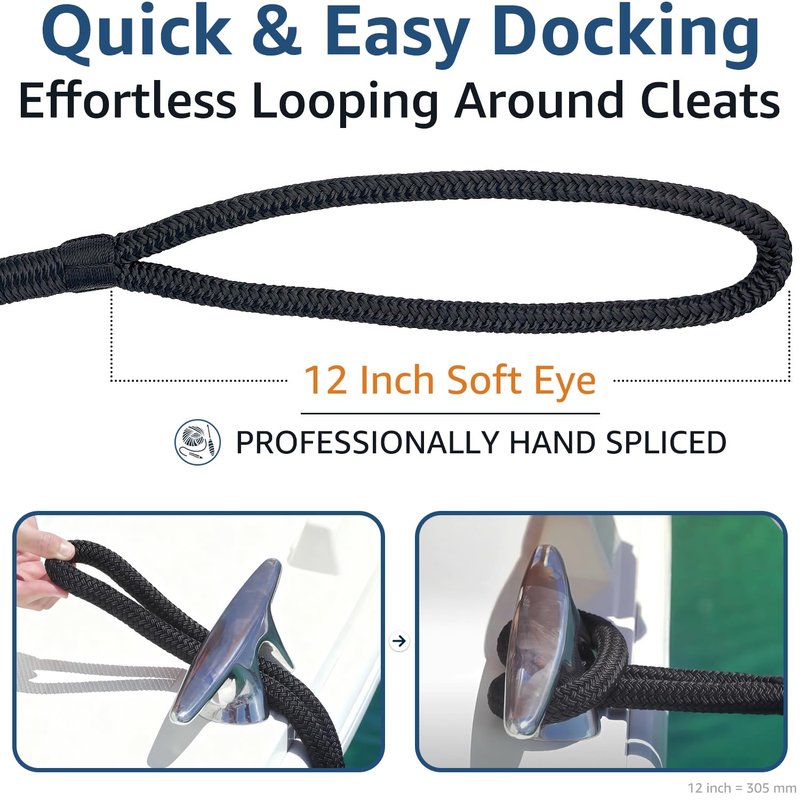 PACTHSD 2 Pack 3/4" x 35' Dock Lines - Marine Grade Nylon Boat Rope with 18" Loop for Docking and Mooring - Double Braided Boat Lines, High Strength, Easy Handling, Heavy Duty, Fray Resistant - Black
