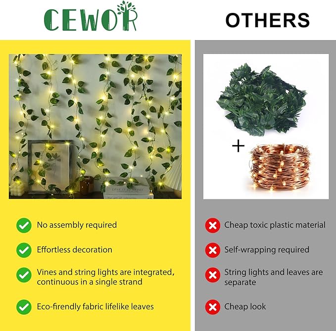 CEWOR Pothos Vine with Fairy Lights Battery Operated, 40ft 120 LED Ivy String Lights, Artificial Ivy Garland with Lights for Bedroom, Room, Wall, Garden, Party, Wedding Decor
