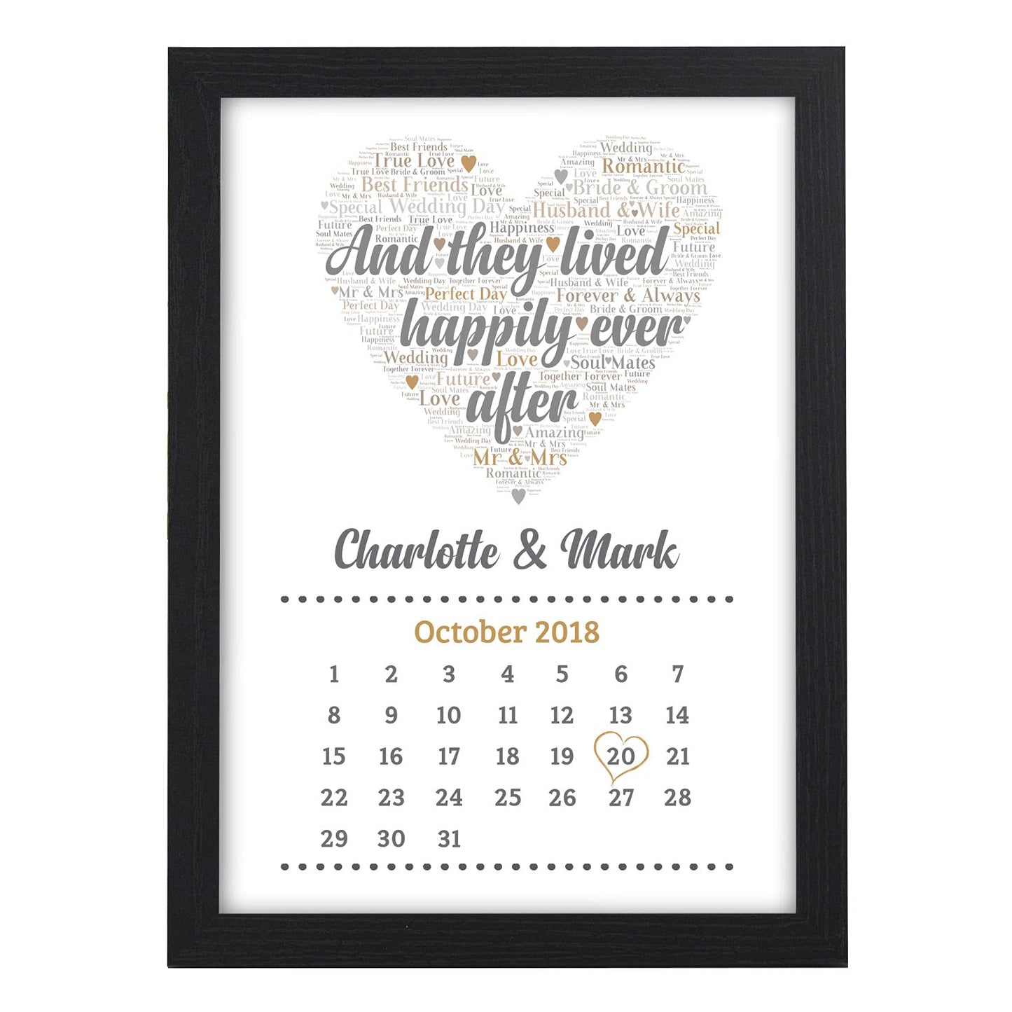 Beecreative Personalised Wedding Gifts for Bride & Groom - Custom Calendar Print with Names and Date of Wedding - Personalised 'And They Lived Happily Ever' Wedding Present Keepsake