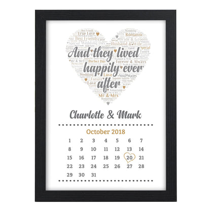 Beecreative Personalised Wedding Gifts for Bride & Groom - Custom Calendar Print with Names and Date of Wedding - Personalised 'And They Lived Happily Ever' Wedding Present Keepsake