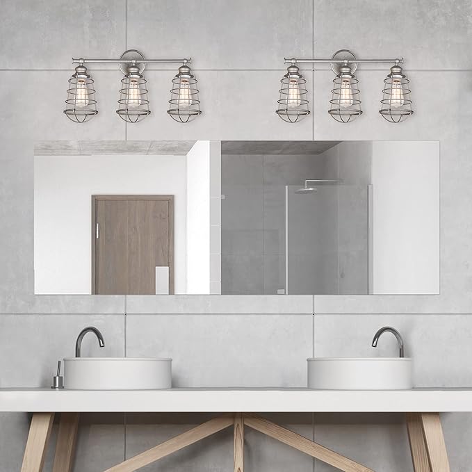 Design House 519728 Ajax Industrial Modern 3-Light Indoor Bathroom Vanity Light with Metal Wire Cage Over the Mirror, Galvanized Steel