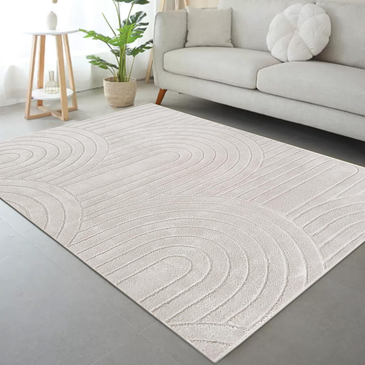 Lacomfy Soft Cozy Fluffy Arch Pattern Area Rug High-Low Pile Living Room Rug Modern Minimalist Throw Carpet - Nonslip, Washable, Soft Bedroom Rug (Stripe,Cream,4x5.3)
