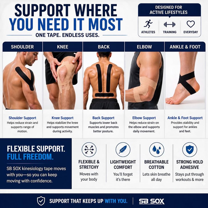 SB SOX Original Cotton Kinesiology Tape Roll – Best Latex Free Athletic Tape for Muscles/Joints – Waterproof, Stretchy, and Gentle on Skin (16ft)