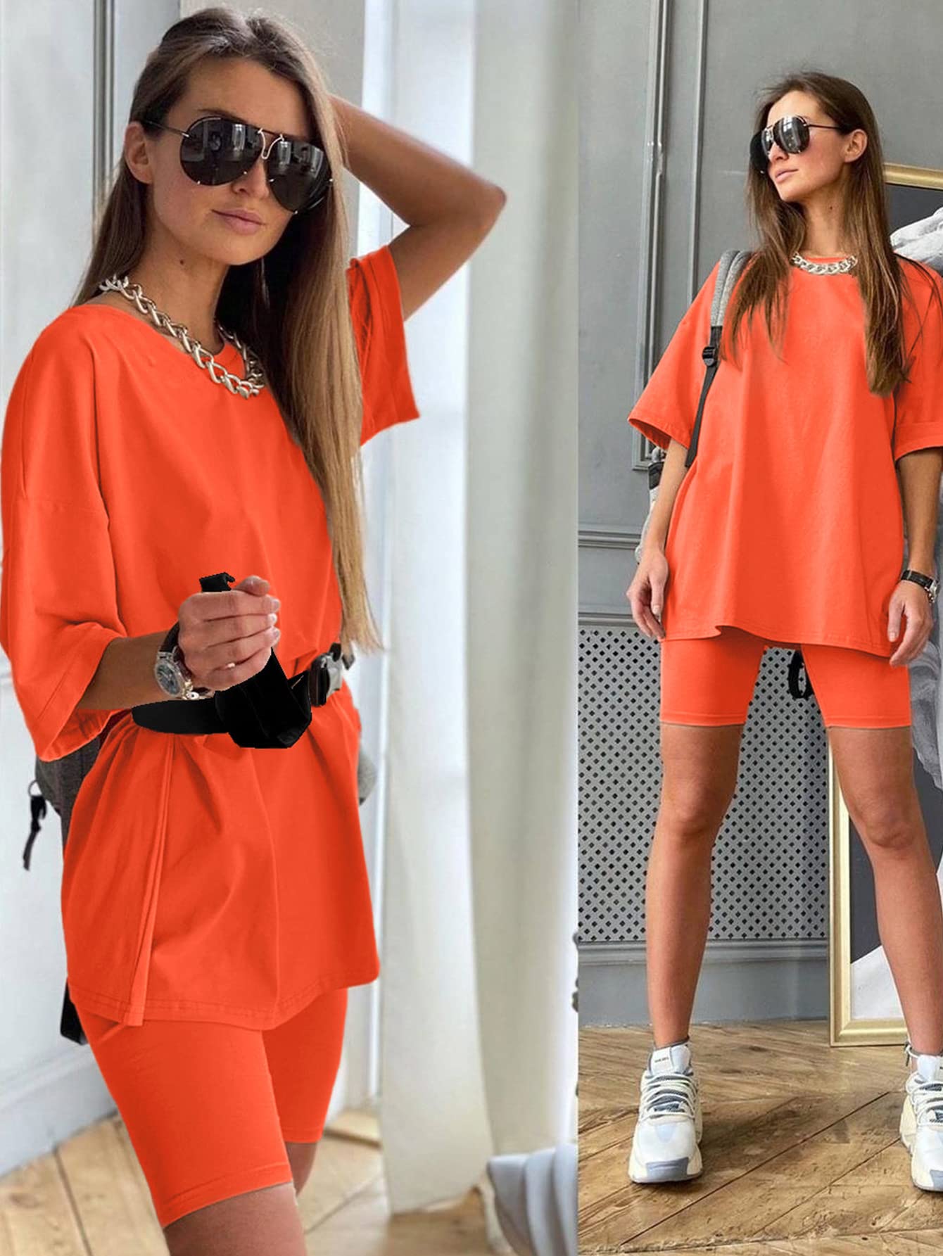 Glamaker Women 2 Piece Outfit sets Casual Oversized T-Shirt Tops Biker Shorts Workout Sport Tracksuit Fluorescent Orange Small