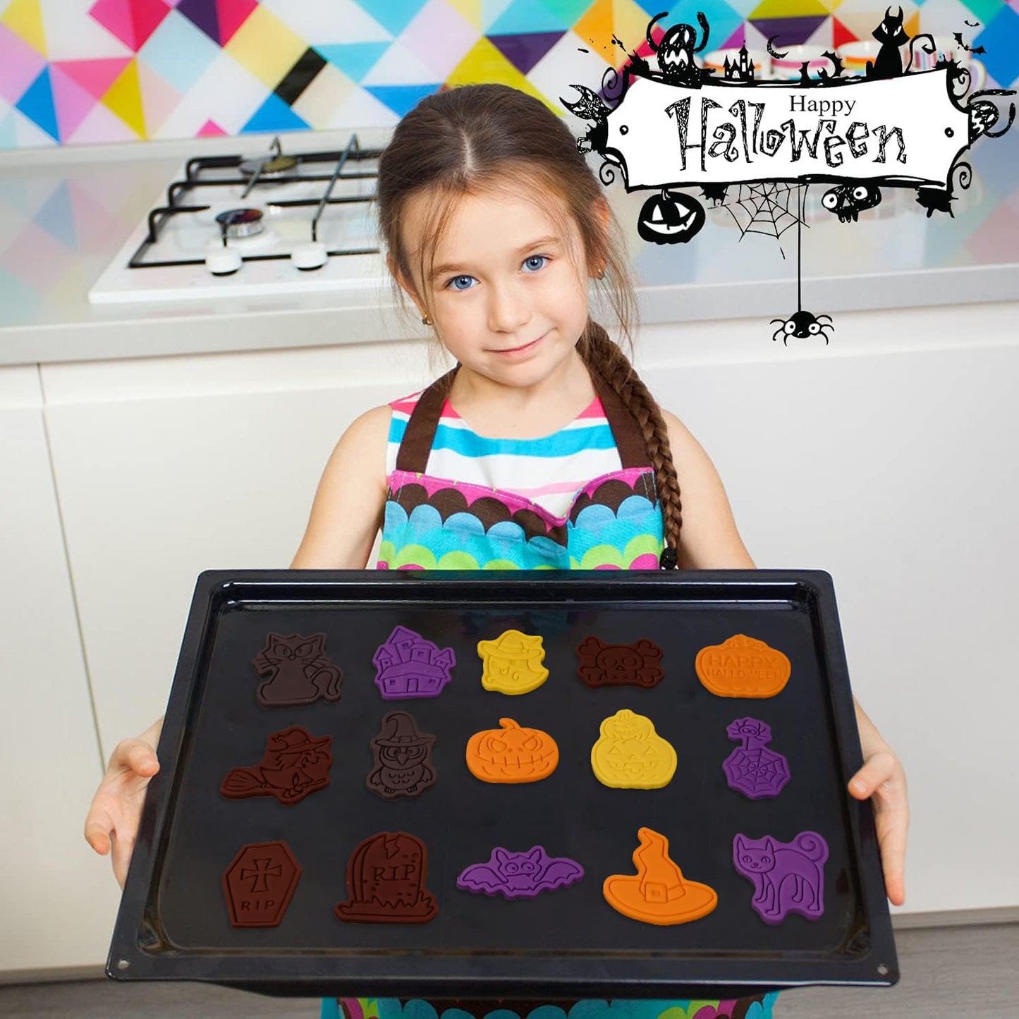 16 Pcs Halloween Cookie Cutters, 3D Cookie Cutter with Plunger Stamp, Halloween Cookie Molds -Ghost, Bat, Pumpkin, Cat, Castle,Tombstone, Witch, Spider, Skull, Etc.