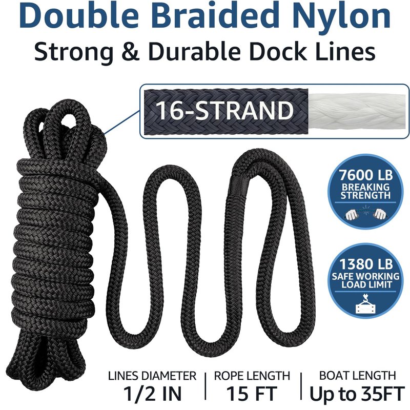 Boat Dock Lines 1/2" x 15' - Double Braided Nylon Boat Ropes for Docking with 12" Loop, Marine-Grade High Strength Boat Lines Dock Rope, Premium Marine Rope Mooring Lines, Easy Handling - 4 Pack,Black