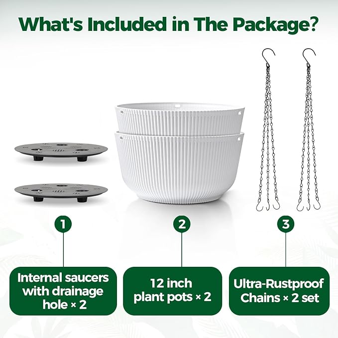 T4U 12 Inch Large Hanging Planters for Outdoor Plants, 2 Pack Self Watering Pots Indoor, Hanging Baskets for Plants,Hanging Flower Pot with Drainage Hole and Plant Hanger, White