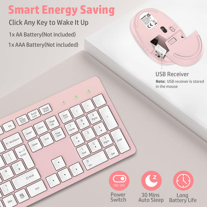 LeadsaiL Wireless Keyboard and Mouse Set, 2.4GHz USB Computer Keyboards and Mouse Combo, Ergonomic Design with 12 Multimedia Shortcuts for HP/Lenovo Laptop and Mac-Pink