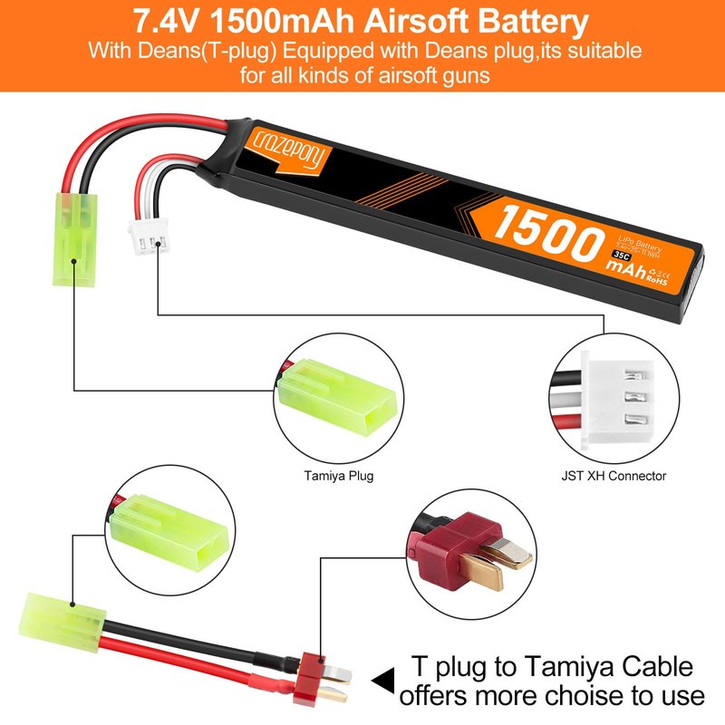 Crazepony 7.4V Rechargeable Airsoft Battery, 2S LiPo Battery 1500mAh 35C High Discharge Rate Lipo Pack with Mini Tamiya Plug for Airsoft Model Guns Rifle